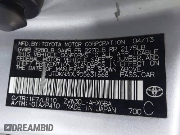 2013 Toyota Prius One with VIN JTDKN3DU9D5631668, listed as a IAAI auction lot 43214539 with 227,049 mi miles and . Bid and sale history available at DreamBid. Image 9.