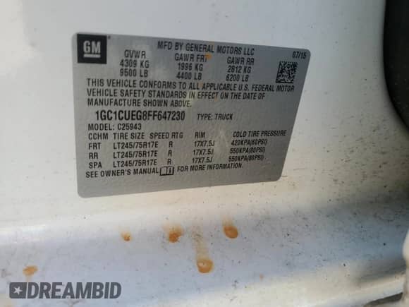 2015 Chevrolet Silverado 2500HD Work Truck with VIN 1GC1CUEG8FF647230, listed as a Copart auction lot 84731305 with 180,442 mi miles and Salvage title. Bid and sale history available at DreamBid. Image 12.