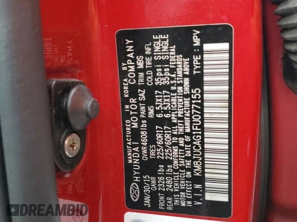 2015 Hyundai Tucson SE z VIN KM8JUCAG1FU077155, wystawiony jako Copart lot #81216415 z przebiegiem 101 118 mil mil oraz Szkoda całkowita • Salvage title. Historia ofert i sprzedaży dostępna na DreamBid. Obrazek 14.