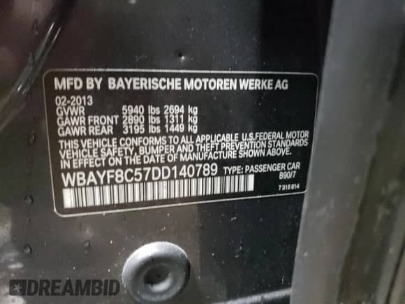 2013 BMW 7 Series 750Li xDrive with VIN WBAYF8C57DD140789, listed as a Copart auction lot 51242925 with Not provided miles and Salvage title. Bid and sale history available at DreamBid. Image 13.