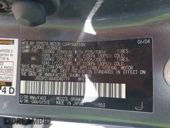 2004 Toyota Highlander with VIN JTEDP21AX40040779, listed as a IAAI auction lot 43489175 with 271,961 mi miles and . Bid and sale history available at DreamBid. Image 9.