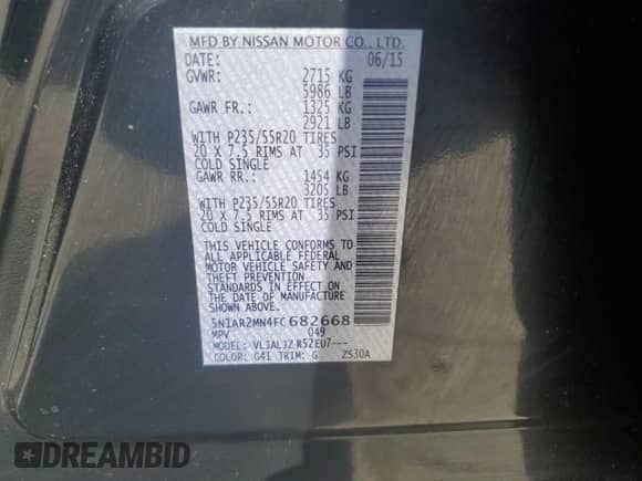 2015 Nissan Pathfinder Platinum with VIN 5N1AR2MN4FC682668, listed as a Copart auction lot 81937915 with 167,695 mi miles and Clean title. Bid and sale history available at DreamBid. Image 13.