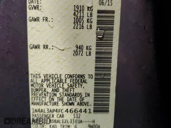 2015 Nissan Altima SV с VIN 1N4AL3AP4FC466441, выставлен на аукционе Copart как лот 85328534 с пробегом 61 041 миль миль и Списание • Salvage title. История ставок и продаж доступна на DreamBid. Изображение 13.