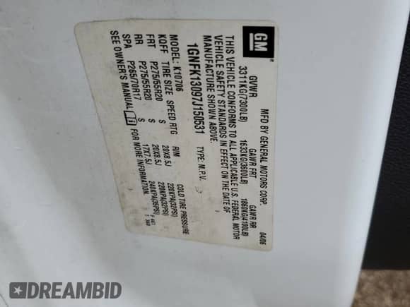 2007 Chevrolet Tahoe LT с VIN 1GNFK13097J150531, выставлен на аукционе Copart как лот 82285035 с пробегом Не указан миль и Списание • Salvage title. История ставок и продаж доступна на DreamBid. Изображение 13.