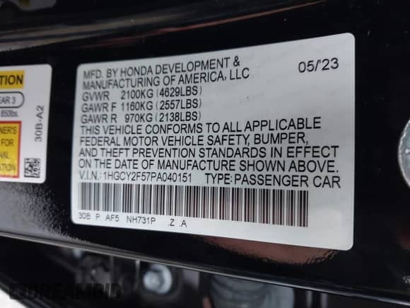 2023 Honda Accord Sport with VIN 1HGCY2F57PA040151, listed as a IAAI auction lot 43422596 with 45,690 mi miles and . Bid and sale history available at DreamBid. Image 9.