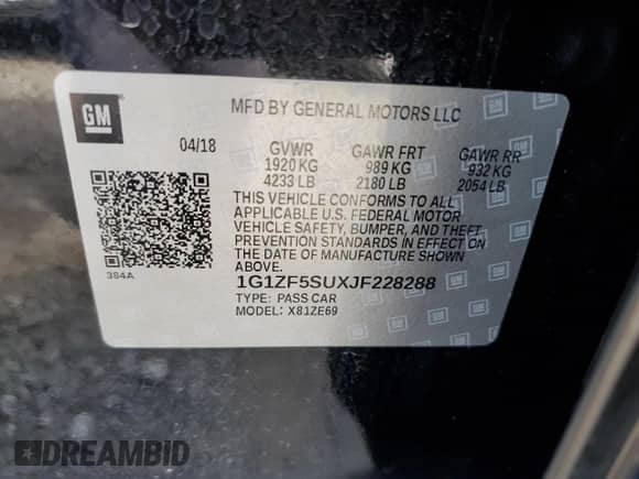 2018 Chevrolet Malibu Hybrid с VIN 1G1ZF5SUXJF228288, выставлен на аукционе Copart как лот 69755155 с пробегом 107 694 миль миль и Списание • Salvage title. История ставок и продаж доступна на DreamBid. Изображение 12.