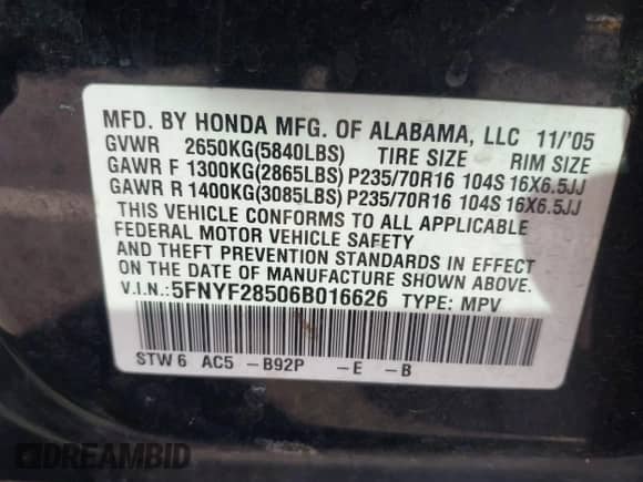 2006 Honda Pilot EX-L z VIN 5FNYF28506B016626, wystawiony jako IAAI lot #43056380 z przebiegiem 284 203 mil mil oraz . Historia ofert i sprzedaży dostępna na DreamBid. Obrazek 9.