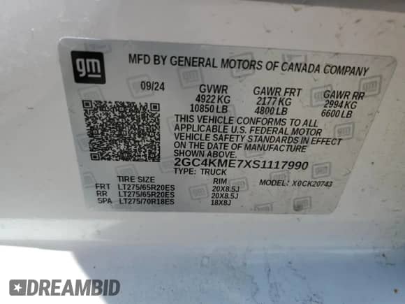 2025 Chevrolet Silverado 2500 with VIN 2GC4KME7XS1117990, listed as a Copart auction lot 57278315 with 12,242 mi miles and Salvage title. Bid and sale history available at DreamBid. Image 12.