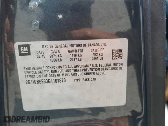 2016 Chevrolet Impala LT with VIN 2G1WB5E33G1101870, listed as a Copart auction lot 68705575 with 119,730 mi miles and Salvage title. Bid and sale history available at DreamBid. Image 13.