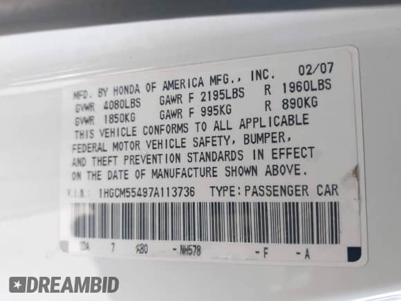 2007 Honda Accord LX с VIN 1HGCM55497A113736, выставлен на аукционе IAAI как лот 41294290 с пробегом 264 649 миль миль и . История ставок и продаж доступна на DreamBid. Изображение 9.