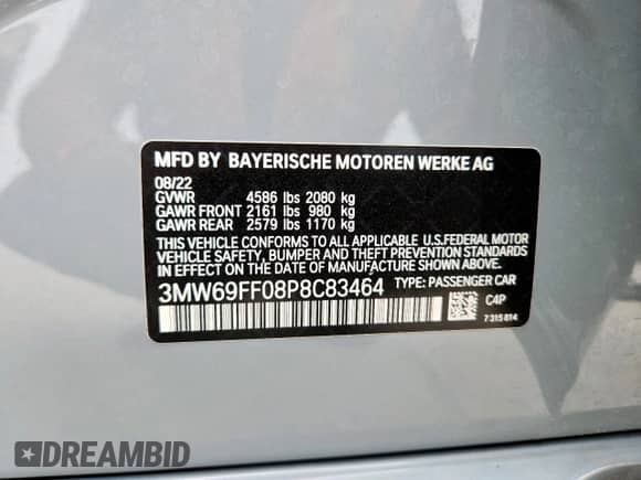 2023 BMW 3 Series 330i z VIN 3MW69FF08P8C83464, wystawiony jako Copart lot #63436145 z przebiegiem Nie podano mil oraz Czysty tytuł • Clean title. Historia ofert i sprzedaży dostępna na DreamBid. Obrazek 13.