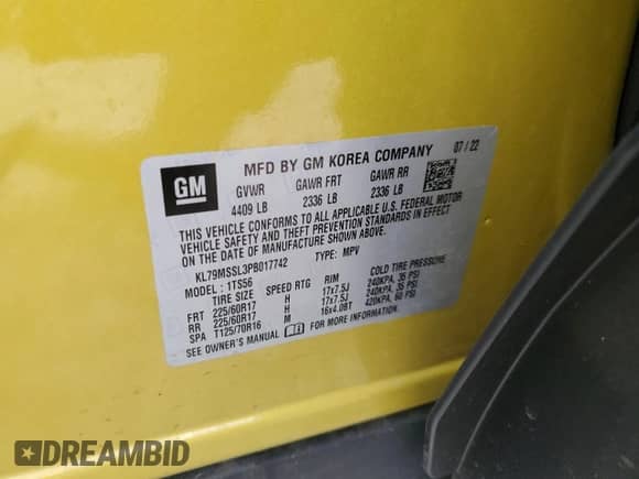 2023 Chevrolet TrailBlazer ACTIV с VIN KL79MSSL3PB017742, выставлен на аукционе Copart как лот 58699305 с пробегом 16 359 миль миль и На запчасти • Non repairable. История ставок и продаж доступна на DreamBid. Изображение 13.