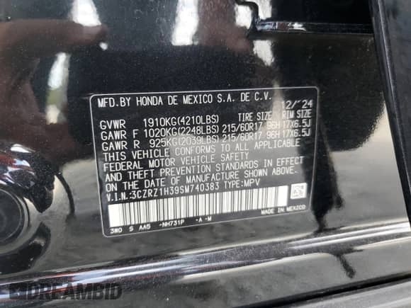 2025 Honda HR-V LX with VIN 3CZRZ1H39SM740383, listed as a Copart auction lot 81093225 with 13,012 mi miles and Salvage title. Bid and sale history available at DreamBid. Image 13.
