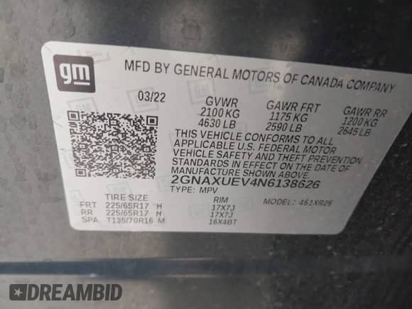 2022 Chevrolet Equinox LT z VIN 2GNAXUEV4N6138626, wystawiony jako IAAI lot #41626874 z przebiegiem 63 490 mil mil oraz . Historia ofert i sprzedaży dostępna na DreamBid. Obrazek 9.