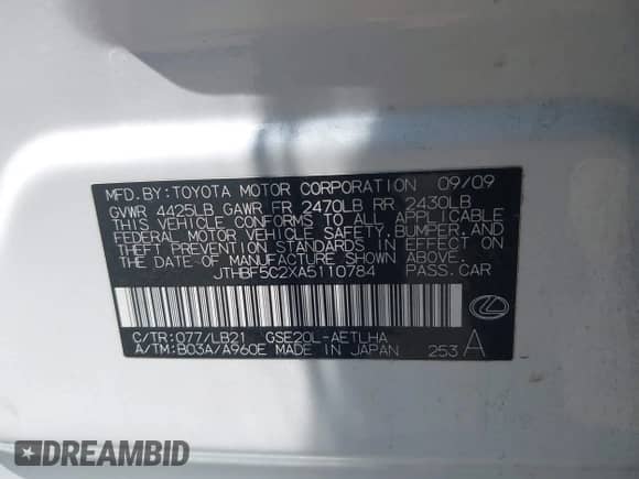 2010 Lexus IS 250 z VIN JTHBF5C2XA5110784, wystawiony jako IAAI lot #42737064 z przebiegiem Nie podano mil oraz . Historia ofert i sprzedaży dostępna na DreamBid. Obrazek 9.