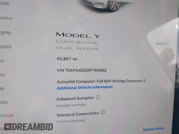2023 Tesla Model Y Long Range with VIN 7SAYGAEE2PF763662, listed as a IAAI auction lot 43412618 with 43,857 mi miles and . Bid and sale history available at DreamBid. Image 15.