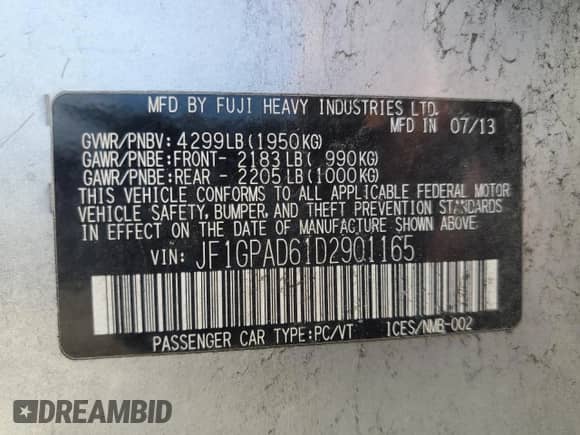 2013 Subaru Impreza Premium z VIN JF1GPAD61D2901165, wystawiony jako Copart lot #87025125 z przebiegiem 143 943 mil mil oraz Szkoda całkowita • Salvage title. Historia ofert i sprzedaży dostępna na DreamBid. Obrazek 12.