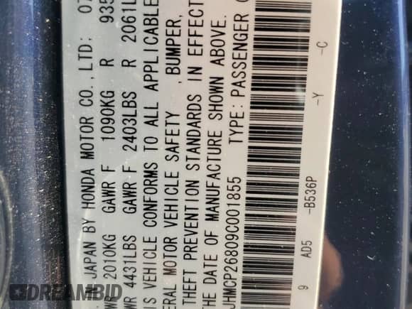 2009 Honda Accord EX-L с VIN JHMCP26809C001855, выставлен на аукционе Copart как лот 86222195 с пробегом 132 298 миль миль и Списание • Salvage title. История ставок и продаж доступна на DreamBid. Изображение 12.