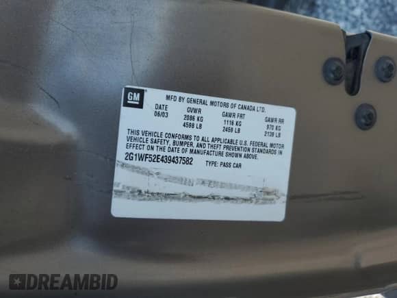 2003 Chevrolet Impala с VIN 2G1WF52E439437582, выставлен на аукционе Copart как лот 70061165 с пробегом 205 489 миль миль и Списание • Salvage title. История ставок и продаж доступна на DreamBid. Изображение 12.