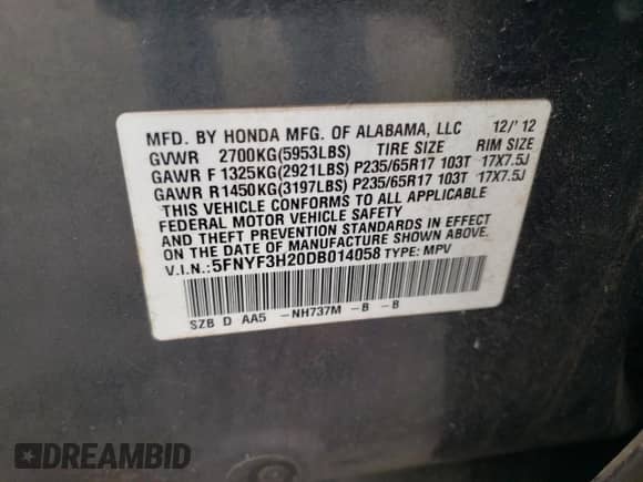 2013 Honda Pilot LX с VIN 5FNYF3H20DB014058, выставлен на аукционе Copart как лот 66371285 с пробегом 132 375 миль миль и Чистый • Clean title. История ставок и продаж доступна на DreamBid. Изображение 13.