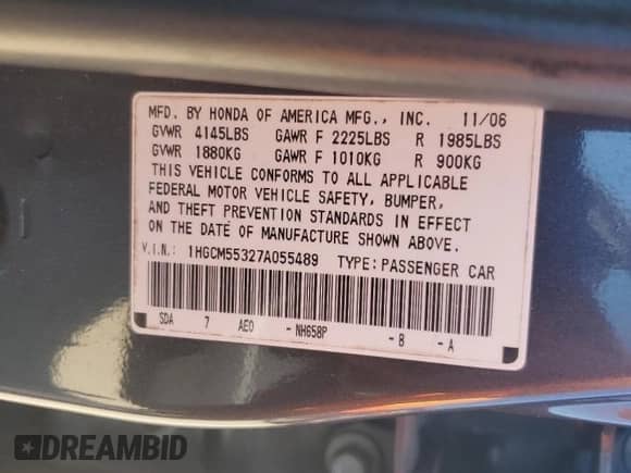 2007 Honda Accord LX SE с VIN 1HGCM55327A055489, выставлен на аукционе Copart как лот 71251215 с пробегом 174 140 миль миль и Списание • Salvage title. История ставок и продаж доступна на DreamBid. Изображение 12.