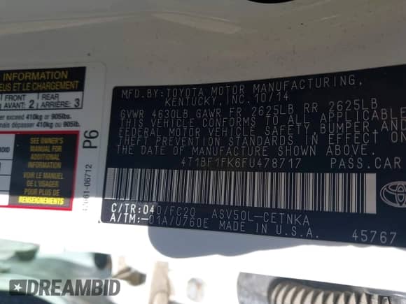 2015 Toyota Camry LE с VIN 4T1BF1FK6FU478717, выставлен на аукционе IAAI как лот 43359442 с пробегом 125 535 миль миль и . История ставок и продаж доступна на DreamBid. Изображение 9.