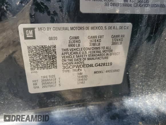 2020 Chevrolet Silverado 1500 RST with VIN 3GCPWDED4LG428119, listed as a Copart auction lot 65959425 with 103,228 mi miles and Non repairable. Bid and sale history available at DreamBid. Image 12.