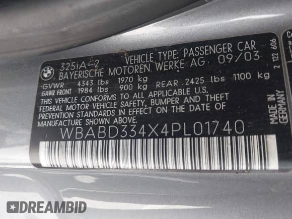 2004 BMW 3 Series 325Ci with VIN WBABD334X4PL01740, listed as a IAAI auction lot 42046401 with 198,309 mi miles and . Bid and sale history available at DreamBid. Image 9.