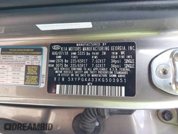 2019 Kia Sorento LX with VIN 5XYPG4A33KG503951, listed as a IAAI auction lot 43073039 with 100,288 mi miles and . Bid and sale history available at DreamBid. Image 9.