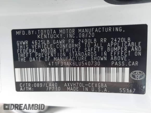2020 Toyota Camry Hybrid XLE with VIN 4T1F31AK6LU540730, listed as a IAAI auction lot 42368941 with 91,035 mi miles and . Bid and sale history available at DreamBid. Image 9.