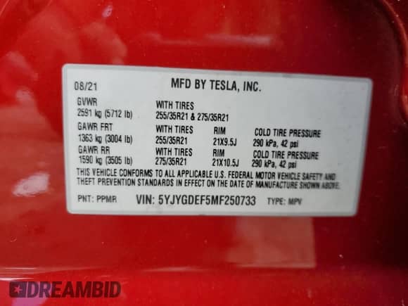 2021 Tesla Model Y Performance with VIN 5YJYGDEF5MF250733, listed as a Copart auction lot 60679894 with 21,085 mi miles and Non repairable. Bid and sale history available at DreamBid. Image 12.