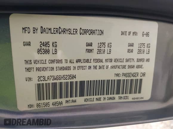 2006 Chrysler 300 C SRT-8 with VIN 2C3LA73W66H523504, listed as a IAAI auction lot 42483103 with 61,560 mi miles and . Bid and sale history available at DreamBid. Image 9.