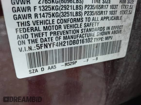 2013 Honda Pilot LX с VIN 5FNYF4H21DB016102, выставлен на аукционе IAAI как лот 43310264 с пробегом 207 324 миль миль и . История ставок и продаж доступна на DreamBid. Изображение 9.