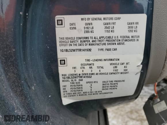 1996 Chevrolet Caprice 1SA Special Value с VIN 1G1BL52W7TR141932, выставлен на аукционе Copart как лот 45181475 с пробегом Не указан миль и Чистый • Clean title. История ставок и продаж доступна на DreamBid. Изображение 12.