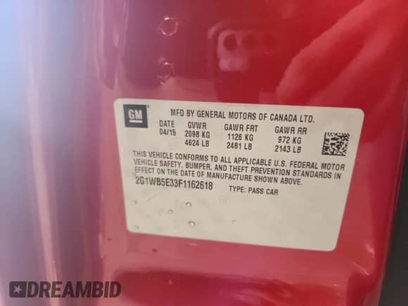 2015 Chevrolet Impala LT with VIN 2G1WB5E33F1162618, listed as a Copart auction lot 81429325 with 124,371 mi miles and Clean title. Bid and sale history available at DreamBid. Image 12.