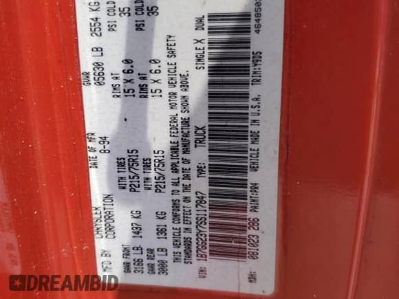 1995 Dodge Dakota z VIN 1B7GG23Y7SS117847, wystawiony jako Copart lot #59565875 z przebiegiem 214 267 mil mil oraz Czysty tytuł • Clean title. Historia ofert i sprzedaży dostępna na DreamBid. Obrazek 12.