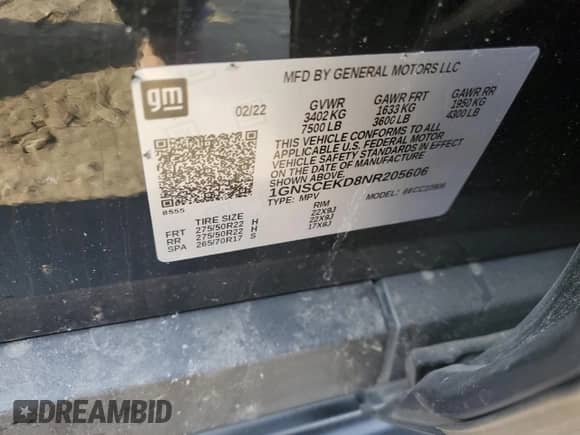 2022 Chevrolet Suburban RST с VIN 1GNSCEKD8NR205606, выставлен на аукционе Copart как лот 70605094 с пробегом 4 миль миль и Списание • Salvage title. История ставок и продаж доступна на DreamBid. Изображение 13.