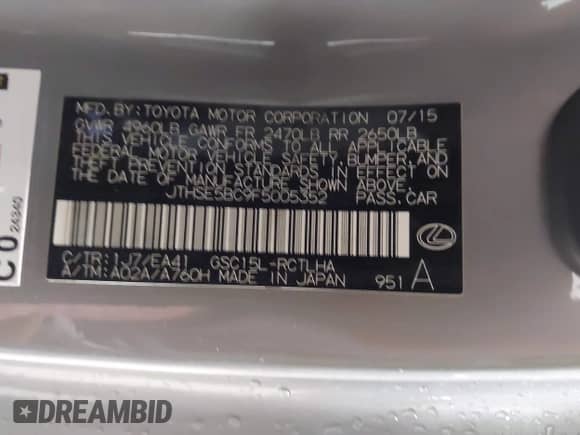 2015 Lexus RC 350 F Sport with VIN JTHSE5BC9F5005352, listed as a IAAI auction lot 43405607 with 47,724 mi miles and . Bid and sale history available at DreamBid. Image 9.