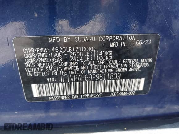 2023 Subaru WRX Premium with VIN JF1VBAF69P9811809, listed as a IAAI auction lot 42161793 with 28,799 mi miles and . Bid and sale history available at DreamBid. Image 9.