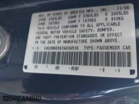 2007 Honda Accord EX-L with VIN 1HGCM66597A034516, listed as a IAAI auction lot 42950499 with 204,415 mi miles and . Bid and sale history available at DreamBid. Image 9.