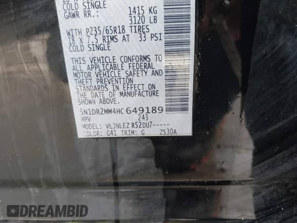 2017 Nissan Pathfinder SV with VIN 5N1DR2MM4HC649189, listed as a IAAI auction lot 42220229 with 149,707 mi miles and . Bid and sale history available at DreamBid. Image 9.