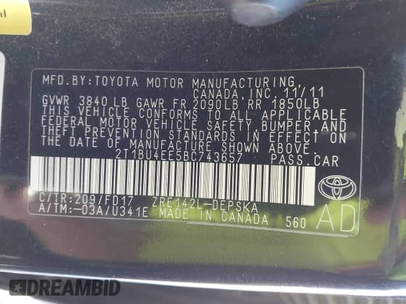 2011 Toyota Corolla S with VIN 2T1BU4EE5BC743657, listed as a IAAI auction lot 43431381 with 45,887 mi miles and . Bid and sale history available at DreamBid. Image 9.