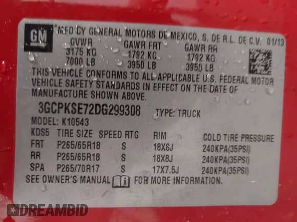 2013 Chevrolet Silverado 1500 LT with VIN 3GCPKSE72DG299308, listed as a IAAI auction lot 42831474 with 124,621 mi miles and . Bid and sale history available at DreamBid. Image 9.