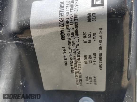 2007 Saturn ION ION 3 with VIN 1G8AL55FX7Z144399, listed as a Copart auction lot 62217155 with 133,682 mi miles and Salvage title. Bid and sale history available at DreamBid. Image 12.