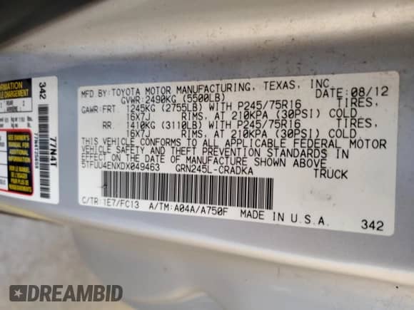 2013 Toyota Tacoma с VIN 5TFUU4ENXDX049463, выставлен на аукционе Copart как лот 82652885 с пробегом 83 697 миль миль и Чистый • Clean title. История ставок и продаж доступна на DreamBid. Изображение 12.