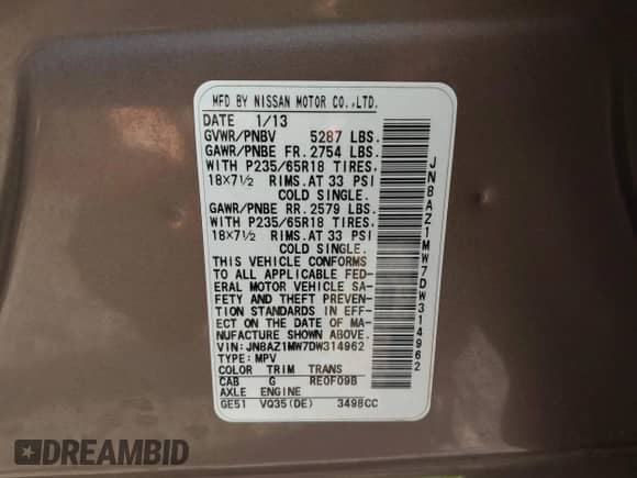 2013 Nissan Murano S с VIN JN8AZ1MW7DW314962, выставлен на аукционе IAAI как лот 43063726 с пробегом 160 176 миль миль и . История ставок и продаж доступна на DreamBid. Изображение 9.