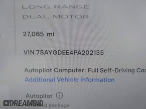 2023 Tesla Model Y Long Range with VIN 7SAYGDEE4PA202135, listed as a IAAI auction lot 42975478 with 27,065 mi miles and . Bid and sale history available at DreamBid. Image 9.