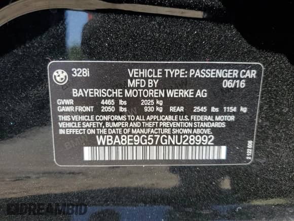 2016 BMW 3 Series 328i with VIN WBA8E9G57GNU28992, listed as a Copart auction lot 68224855 with 44,343 mi miles and Salvage title. Bid and sale history available at DreamBid. Image 12.