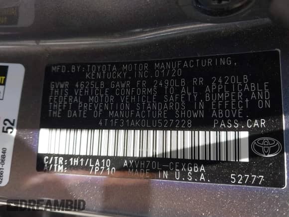 2020 Toyota Camry Hybrid XLE with VIN 4T1F31AK0LU527228, listed as a IAAI auction lot 42532828 with 99,749 mi miles and . Bid and sale history available at DreamBid. Image 9.