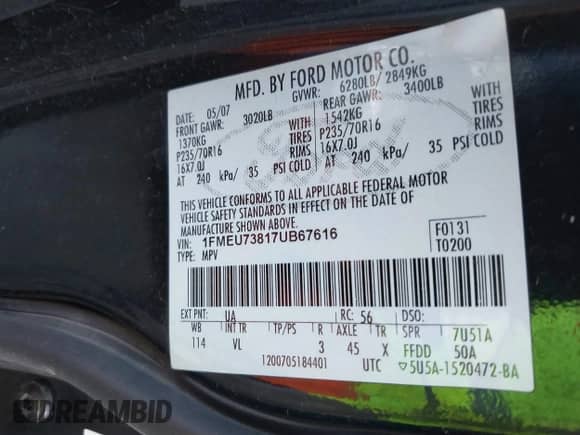 2007 Ford Explorer XLT z VIN 1FMEU73817UB67616, wystawiony jako IAAI lot #43313901 z przebiegiem 232 969 mil mil oraz . Historia ofert i sprzedaży dostępna na DreamBid. Obrazek 9.